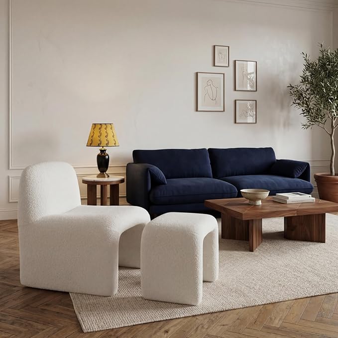 Modern Accent Living Room Chair with Ottoman Upholstered Boucle Lounge Chair Set Comfy Side Reading Chair for Living Room Bedroom Apartment Office White