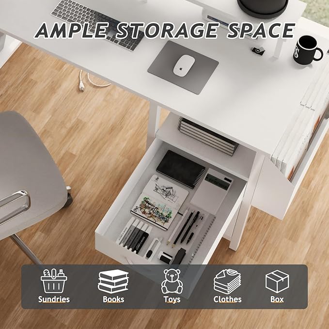 Computer Desk with File Drawers Cabinet 47 Inch Reversible Home Office Desks with Filing CabinetPower Outlet2 Monitor Stands for Small Space Gaming Study Writing Table PC Desks (White)