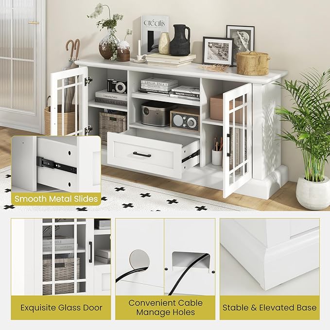 Tangkula Farmhouse TV Stand for TV up to 65 70 Inches Tall Media Console Table with 2 Glass Storage Cabinets 1 Drawer &amp 2 Open Shelves Wooden Entertainment Center for Living Room (White)