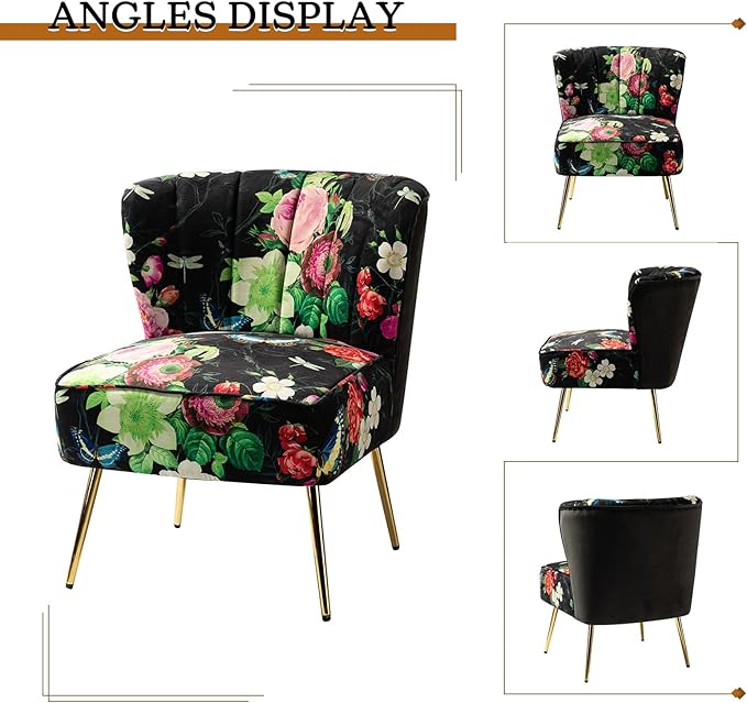 TINA'S HOME Armless Accent Chair with Gold Metal Legs Comfy Tufted Floral Fabric Living Room Chair Wingback Small Side Chair Upholstered Slipper Chair for Bedroom Reading Room (Print Flower BLACK)