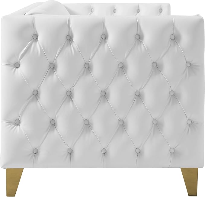 Meridian Furniture 651White-L Michelle Collection Modern | Contemporary Loveseat with Deep Button Tufting Gold Nailhead Trim and Sturdy Gold Iron Legs White Vegan Leather 66 W x 34 D x 30 H
