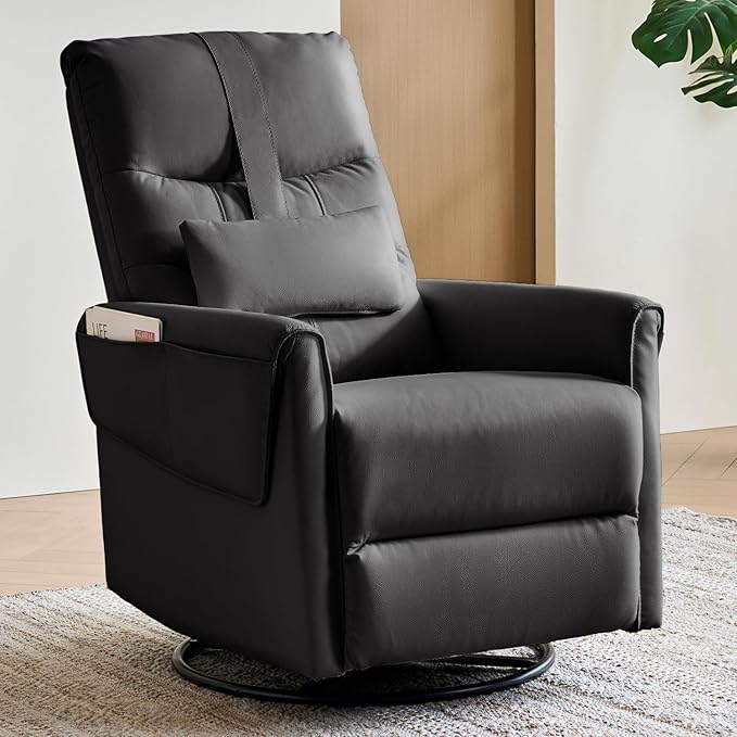 AIRSKY Leather Recliner Chair Top Grain Leather Italian Water-Washing Process Glider Rocking ChairSwivel Rocker Recliner Movable HeadrestNursery Rocking Chairs Single Reclining Chair BlackR3