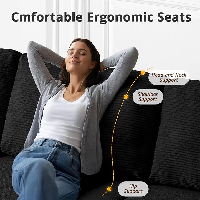 108 L-Shaped Boneless Couch Modular Sectional Sofa with Moveable Ottoman Corduroy Cloud Couches for Living Room No Assembly Ship in a Box Black