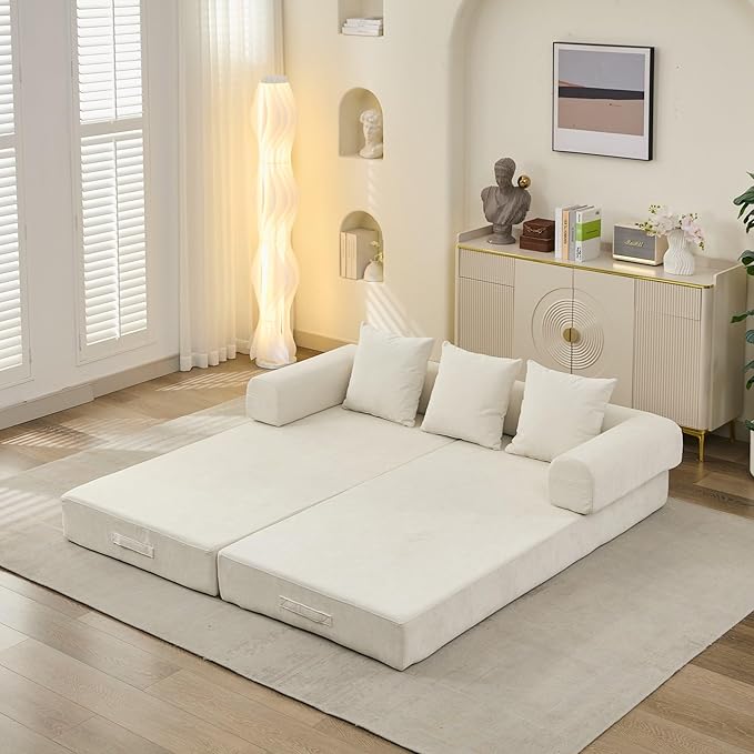 3 in 1 Convertible Futon Sofa Bed Modern King Size Chenille Loveseat Sleeper Sofa Folding 3-Seater Foldable Lounger Couch Bed for Living Room Bedroom Guest Room (Beige 3 Throw Pillows)