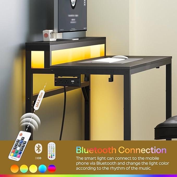 47.2 Computer Desk with Charging Station and LED Lights Gaming Desk with Monitor Stand 2-Tier Home Office Desk with 4 Side Hooks for Living Room Home Office Black DN12UDBB