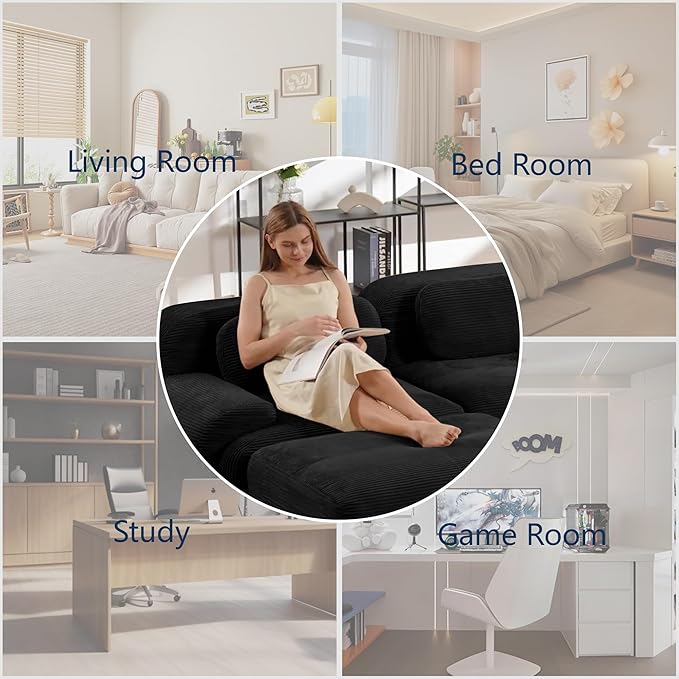 Boneless Sectional Couch No Assembly Required 81.8” L Shaped Modular Cloud Sofa with Pillow and Ottoman Deep Seat Corduroy Couch for Living Room Bedroom Office Apartment