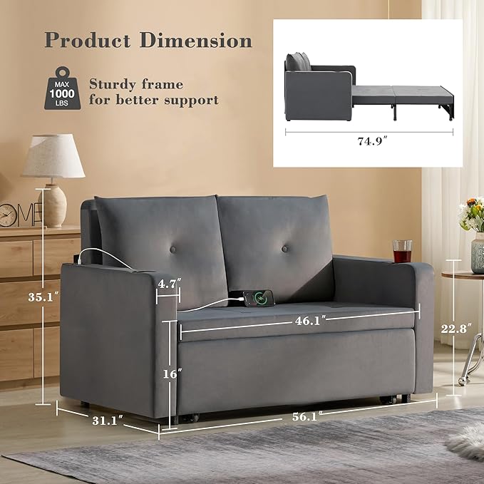 3 in 1 Pull Out Couch 56 Inch Velvet Sofa Bed Convertible Loveseat Sleeper Sofa for Living Room Small Space Upholstered Couch Bed with USB Cup Holder(Grey)