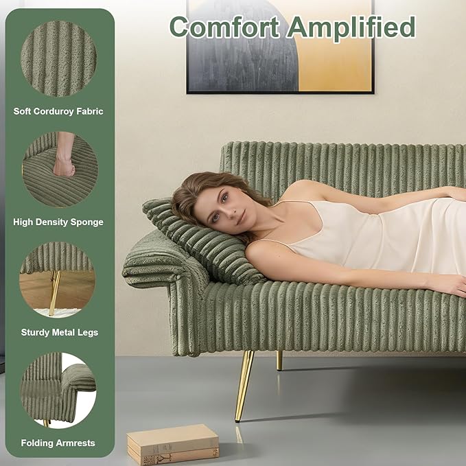 Rovibek Futon Sofa Bed Convertible Futon Couch Bed with Adjustable Backrest 2 Pillows Corduroy Loveseat Futon for Small Spaces Living Room Apartment Office Green