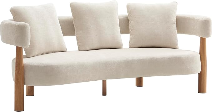 Christopher Knight Home Yulez Curved 3-Seater Sofa Couch with 3 Accent Pillows Chenille Fabric Upholstered Lounge Seating 76.5'' Home Office Bedroom Sofa Chair Comfy Wooden Frame Sofa Beige