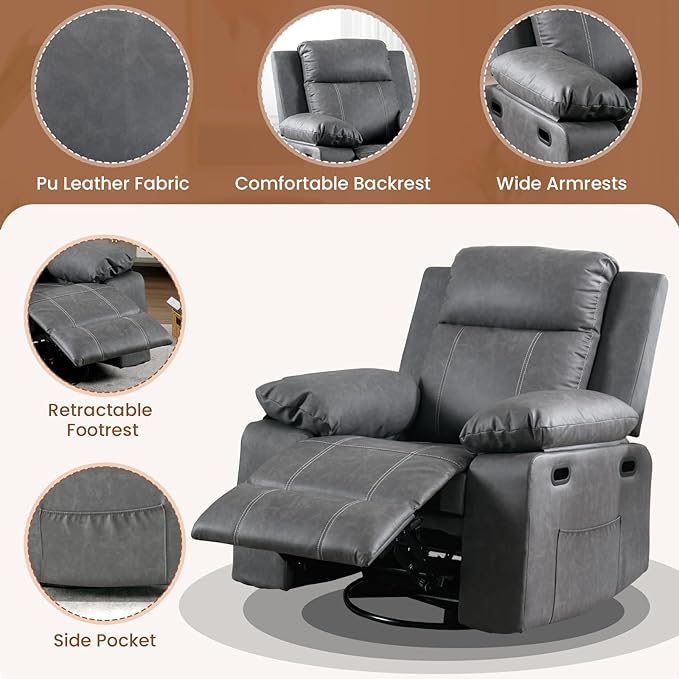Massage Recliner Chair for Adults360 Degree Manual Swivel Rocker Recliner with Heat and VibrationPU Leather Glider Rocking Reclining Chair for Home Theater SeatingLoungeNurseryLiving Room(Grey)