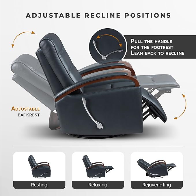 Lexicon 360 Degree Swivel Glider Reclining Chair Breathable Faux Leather Manual Recliner Comfy Nursery Glider Recliner Swivel Reclining Chair for Living Room/Office/Bedroom/Apartment Dark Blue
