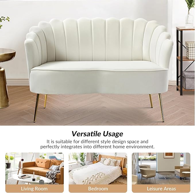 HULALA HOME Modern Velvet Loveseat Sofa with Flower Shaped Back Comfy Upholstered 2-Seater Sofa with Gold Metal Legs Small Love Seat Accent Couch for Living Bedroom Leisure Areas Ivory