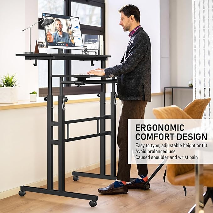 Small Standing Desk with Wheels Tall Mobile Stand Up Table Portable Standing Desk for Walking Pad Rolling Table Adjustable Height Rolling Computer Table for Tall Person