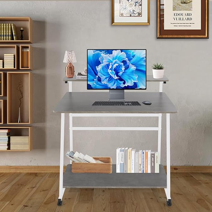 Home Office Desk3 Tier Rolling Computer Desk36inch Modern Home Desk Computer Desk Writing Table with Under Desk Storage Shelves for Home Office Study Bedroom (White+Grey)