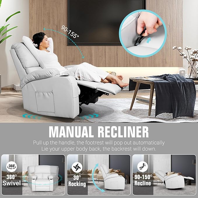 LEVELEVE Rocking Recliner Chair Massage Rocker Recliner Chair with Vibration Massage and Heat 360° Swivel Recliner Chairs Living Room Bedroom Nursery RV Grey