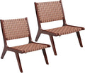 Giantex Woven Leather Accent Chair Set of 2 Boho Mid Century Modern Lounge Chair w/Wood Frame Max Load 300 Lbs Wicker Living Room Chair Armless Accent Side Chair for Reading Bedroom Brown
