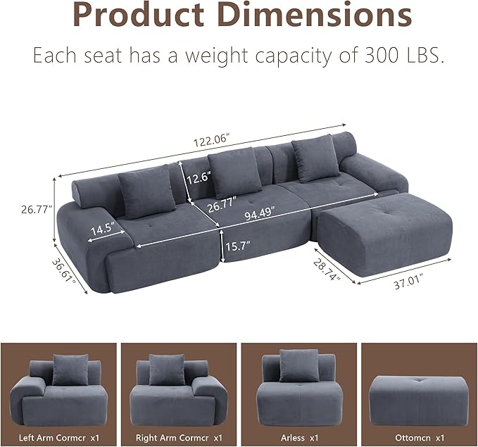 L-Shaped Boneless Modular Sectional Sofa Boneless Sectional Couch Oversized 3-Seater Cloud Couch with Deep Seat and Movable Ottoman for Living Room Apartment (Gray 3 Seater with 1 Ottoman)
