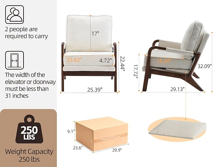 Mid Century Modern Accent Chair with Triangular Raising PadUpholstered Armchair with Solid Wood Frame &amp Soft Cushion for Living RoomBedroomBelconySunroomBeige