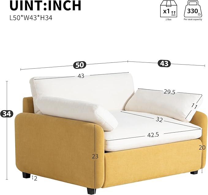 50*43 Oversized Chenille Single Sofa Chair Wide and Deep Seat Accent Chair Modern Upholstered Comfy Armchair Color Blocking Couch Lounge with Pillows for Living RoomApartmentBedroomYellow+Cream