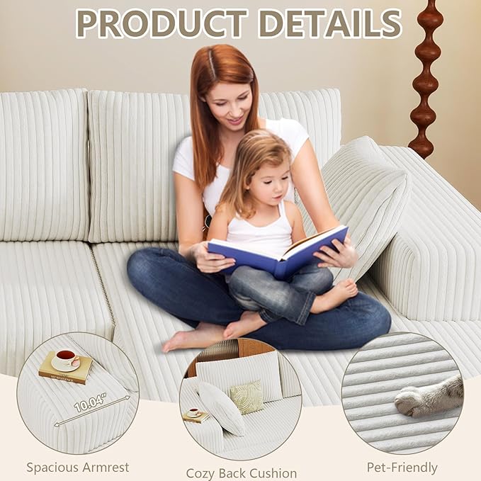 96 Cloud Sectional Couch with U-Shaped Chaise Corduroy Sectional Sofa with Ottoman Boneless Couch with Deep Seat in a Box for Living Room No Assembly Required (White Right Facing Chaise)