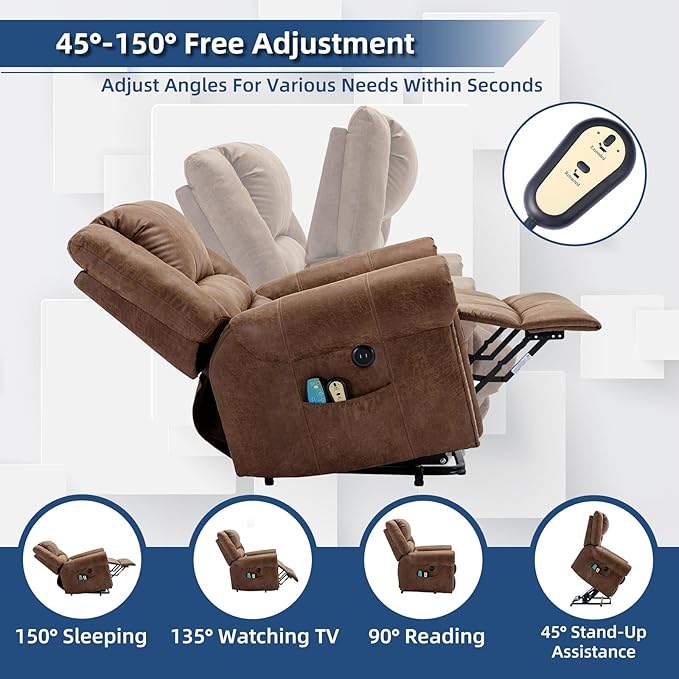 Power Lift Recliner Chair for Elderly with Massage and Heat Electric Recliner Chair with Rivet Decoration 2 Remote Controls Side Pockets &amp USB Ports for Home Office (Nut Brown)