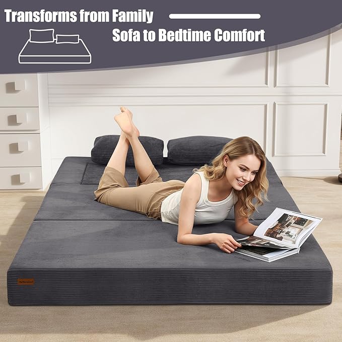 MeMoreCool Futon Couch Convertible Sofa Bed Queen Folding Floor Couch Bed with Pillow Corduroy Grey Foldable Sofa Sleeper Fold Out Boneless Loveseat Lounge for Living Room Small Spaces