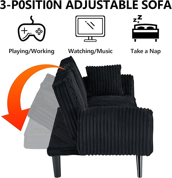 72” Corduroy Futon Sofa Bed with Pillows Modern Convertible Futon Couch with 2 Cup Holders&amp Metal Legs for Small Spaces Living Room Solid Wood Frame (Black)