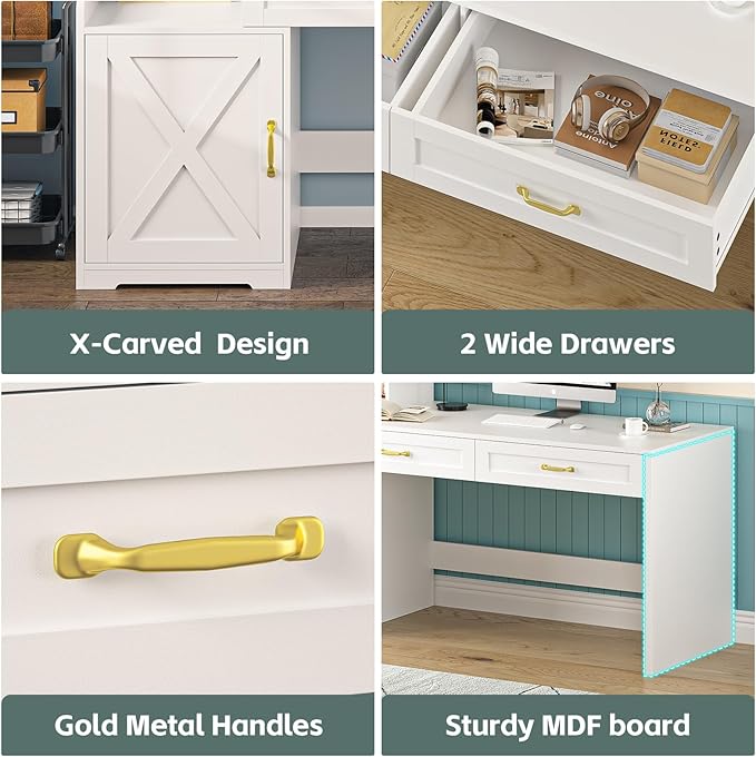 60 Computer Desk with Drawers &amp Bookshelves Home Office Desk with Storage Cabinet &amp Spacious Desktop Writing Gaming Study Table with Bookcase White