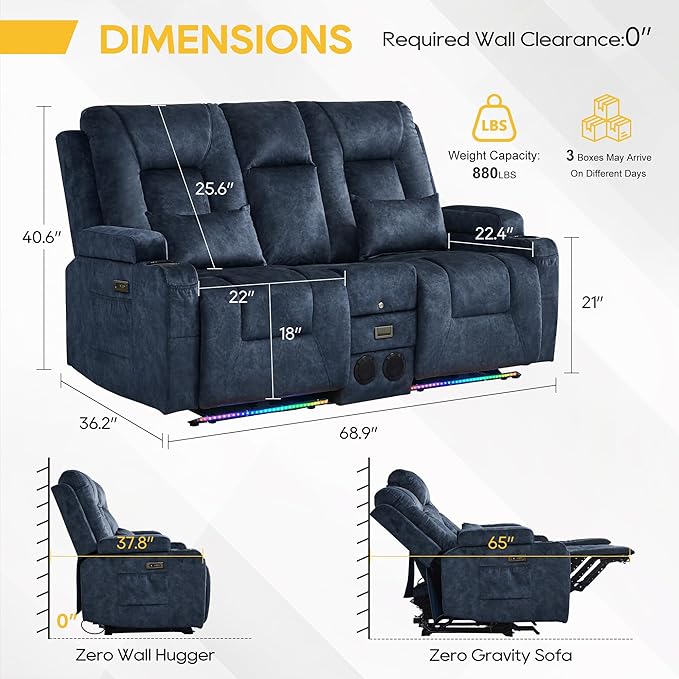 IPKIG Power Recliner Loveseat with Console Zero Wall Hugger Sofa Couch Velvet 2-Seater Sofa with LED Lights AC Outlets USB Ports Cup Holders Blue | Storage Drawer Bluetooth Speaker Living Room