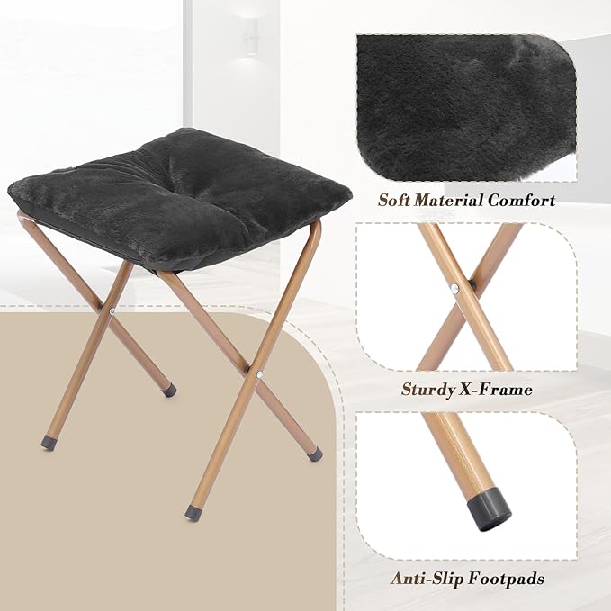 Athena Collection Comfy Saucer Chair and Ottoman Set for Adult Comfortable Faux Fur Square Oversize Folding Reading Chair with Metal Leg Lazy and Cozy for Bedroom Living Room Black
