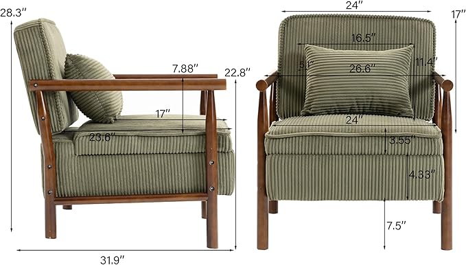 Accent Chair Comfy Modern Mid-Century Accent Chairs with Storage Corduroy Upholstered Lounge Armchair with Solid Wood Reading Side Single Sofa for Living Room/Office/Balcony/Bedroom-Green