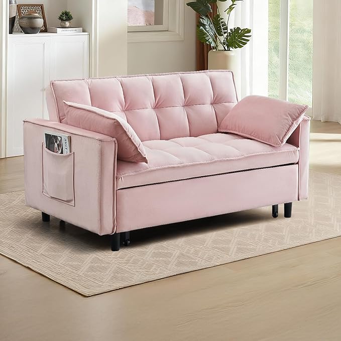 3 in 1 Convertible Sleeper Sofa Bed Modern Velvet Loveseat Pull-Out Couch w/Pullout Bed Small Love Seat Lounge Sofa w/Reclining BackrestToss Pillows Pockets for Living Room (Pink 55.1)