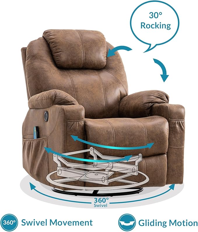 Manual 360 Degree Swivel Glider Rocker Recliner Chair with Massage and Heat 2 USB Ports 2 Front Pockets 2 Side Pockets and 2 Cup Holders Bronze Suede Fabric (Brown)