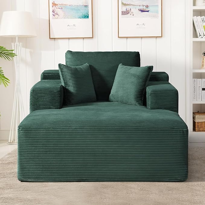 Monroe Convertible Chaise Lounge Chair Indoor – Oversized Corduroy Couch with Wide Armrest &amp Throw Pillows Cozy Boneless Sleeper Sofa Bed Armchair Dark Green