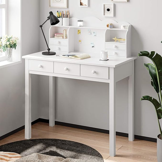 ADORNEVE Writing Desk with 7 Drawers Home Office Desk with Hutch Student Desk Study Table Small White Desks Solid Pine Wood Legs