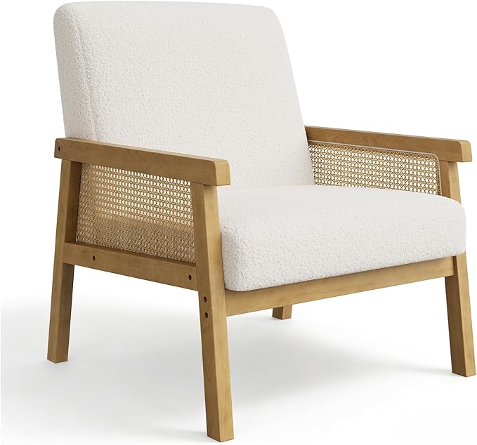 GAOMON Mid Century Boucle Fabric Accent Chair Rattan Armchair with Wooden Armrest and Legs Modern Lounge Chair for Living Room/Bedroom/Reading Room/Waiting Room Ivory