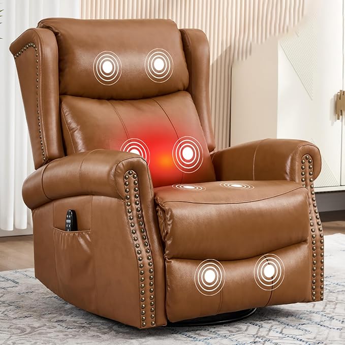 360° Swivel Glider Chair for Nursery Wingback Genuine Leather Rocking Recliner with Lumbar Heat &amp Massage 8-Point Vibration Massage for Living Room Bedroom