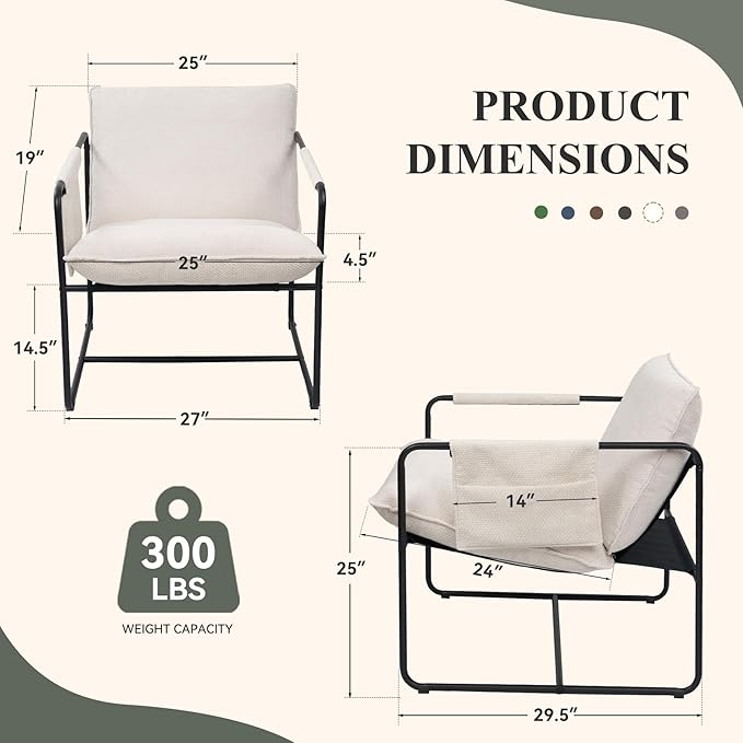 Accent Chair with Metal Frame Upholstered Living Room Chairs with Cushions Comfy Reading Armchair for Bedroom Beige