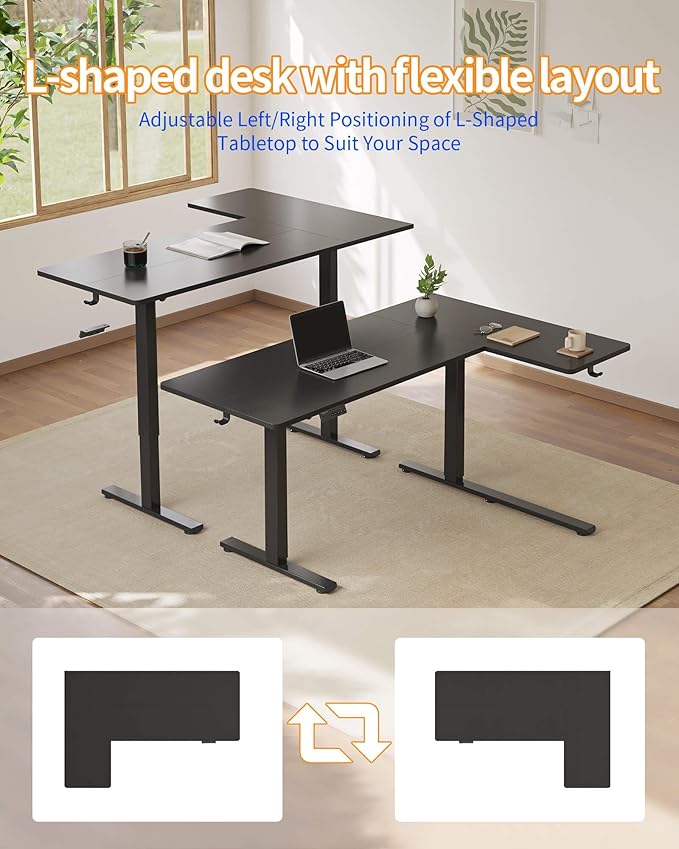 YIHAYO Reversiable L-Shaped Electric Standing Desk 55 Inches Adjustable Height Corner Desk Sit and Stand Up for Work Office Home Computer Table with Splice Board Black