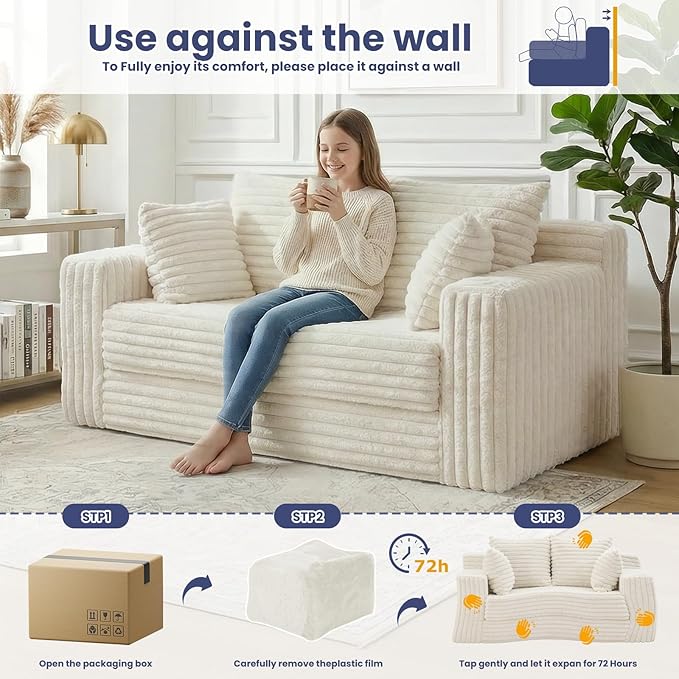 3-in-1 Convertible Sofa Bed: Boneless Loveseat Sleeper &amp Folding Couch Bed with 4 Pillows &amp Detachable CushionFurry Futon Couch for BedroomApartmentOffice and Living Room No AssemblyBeige