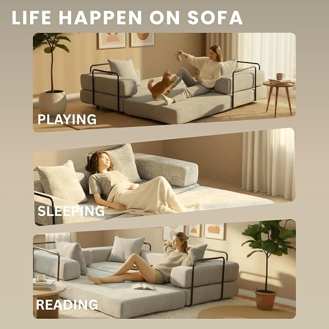 Alpen Convertible Sleeper Sofa Bed 77 Sofa Bed Full Size with L-Shaped Armrests Pull Out Sofa Beds Queen Size Couches for Small Living Room for Living Room Bedroom Light Grey