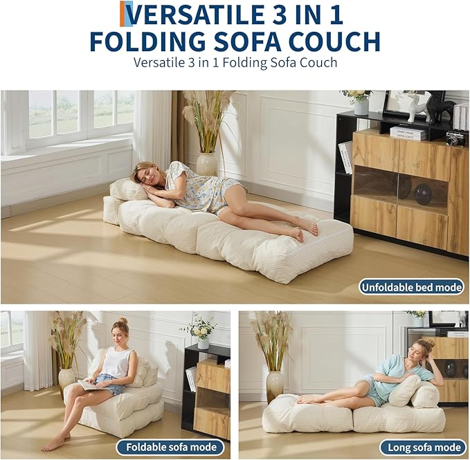 Garvee Folding Sofa Bed Convertible Sleeper Chair with Pillow Foldable Mattress with Back Support Boneless Fold Out Chair Bed Comfy Floor Sofa Lounge for Living Room Bedroom Beige Single
