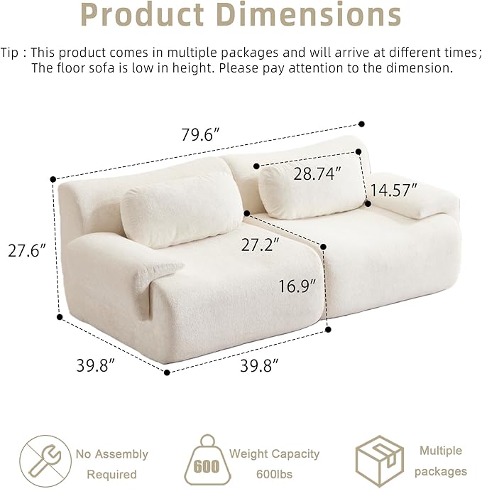 79.6 Boneless Couches for Living Room Set Cloud Modular Sectional Sofa in a Box Memory Foam Modern Couch Big Comfy Compressed Sofas Loveseat for Small Spaces Bedroom Apartment White