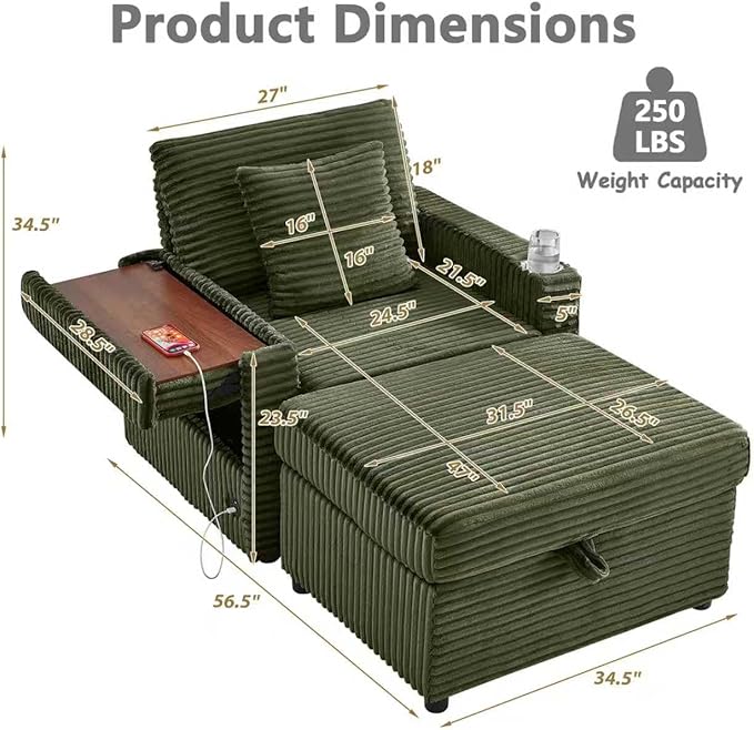 Chaise Lounge Chair Indoor with Ottoman Corduroy Sofa Bed with Table Board USB Ports Cup Holder &amp Pillow Boneless Chaise Lounge for Storage Space Living Room Bedroom Apartment (Green)