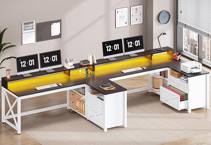 SEDETA Corner Computer Desk 55 L Shaped Gaming Desk with Storage Drawers and Power Outlet Farmhouse Corner Gaming Desk with Storage Shelves and LED Lights for Home Office Black
