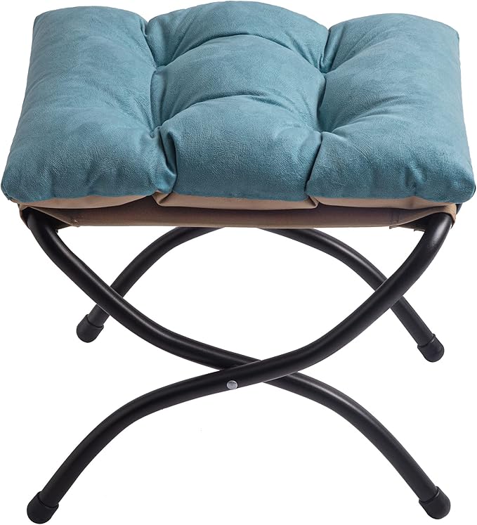 15 Foldable Foot Stool Ottoman with Metal Frame - Washable Blue Upholstered Indoor/Outdoor Footrest for Living Room Bedroom Patio - Space-Saving Compact Design