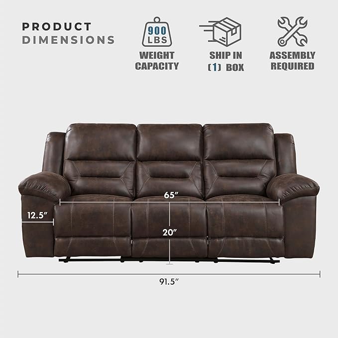 Lexicon Double Recliner Sofa for Living Room Wall Hugger Manual Reclining Couch Sofa Textured Microfiber Upholstered Dual Reclining Sofa Home Theater Seating Required Assembly Dark Brown