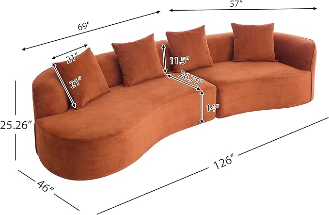 Christopher Knight Home Braebt 126 Modular Sofa with 4 Throw Pillows Curved 5-Seater Large Sofa Couches Comfy Upholstered Sectional Cloud Couch for Living Room No Assembly Required Dark Orange