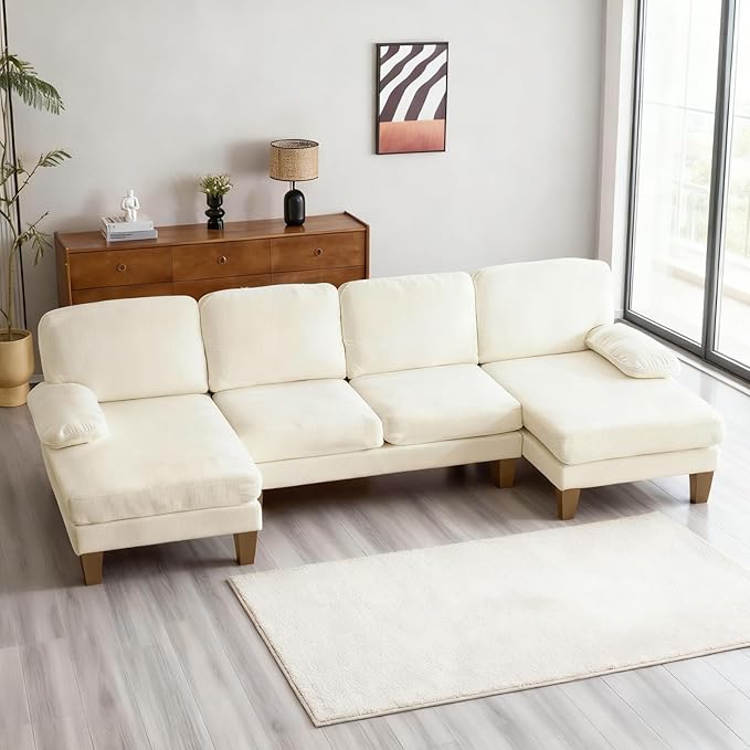 Karl home 111 Sectional Sofa U-Shaped 4-Seat Couch with Chaises Wood Grian Legs Chenille Fabric Upholstered for Living Room Apartment Office Beige