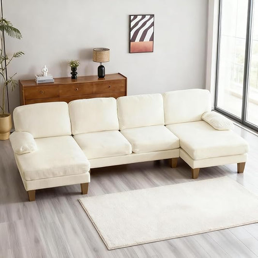 Karl home 111 Sectional Sofa U-Shaped 4-Seat Couch with Chaises Wood Grian Legs Chenille Fabric Upholstered for Living Room Apartment Office Beige
